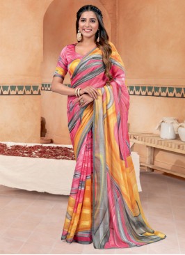 Affectionate Pink Chiffon Contemporary Style Saree