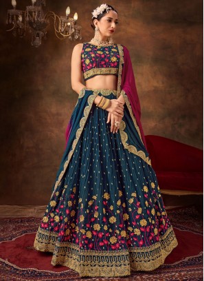 Affectionate Pure Georgette Thread Work Blue A Line Lehenga Choli