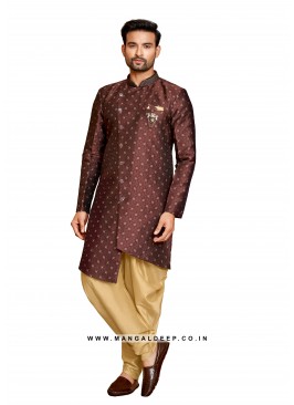 Alluring Jacquard Silk Men's Kurta Pyjama With Long Jacket