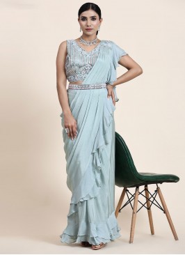 Alluring Chiffon Ruffle Aqua Blue Designer Saree