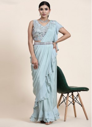 Alluring Chiffon Ruffle Aqua Blue Designer Saree