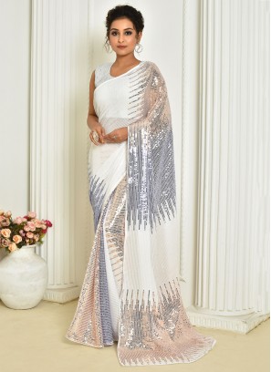 Pretty White Sequins Georgette Party Wear Saree