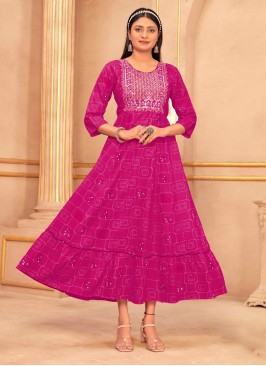 Alluring Embroidered Fuchsia Rayon Designer Gown