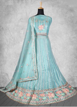 Alluring Embroidered Georgette Aqua Blue Trendy Lehenga Choli