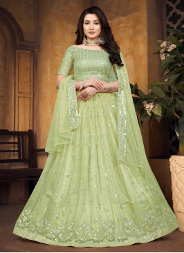 Alluring Embroidered Net Sea Green Trendy A Line Lehenga Choli