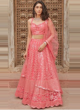 Alluring Embroidered Organza Pink Lehenga Choli