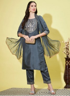 Alluring Embroidered Silk Blend Grey Readymade Salwar Kameez
