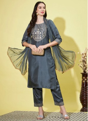 Alluring Embroidered Silk Blend Grey Readymade Salwar Kameez