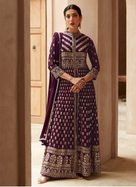 Alluring Georgette Purple Resham Readymade Salwar Suit