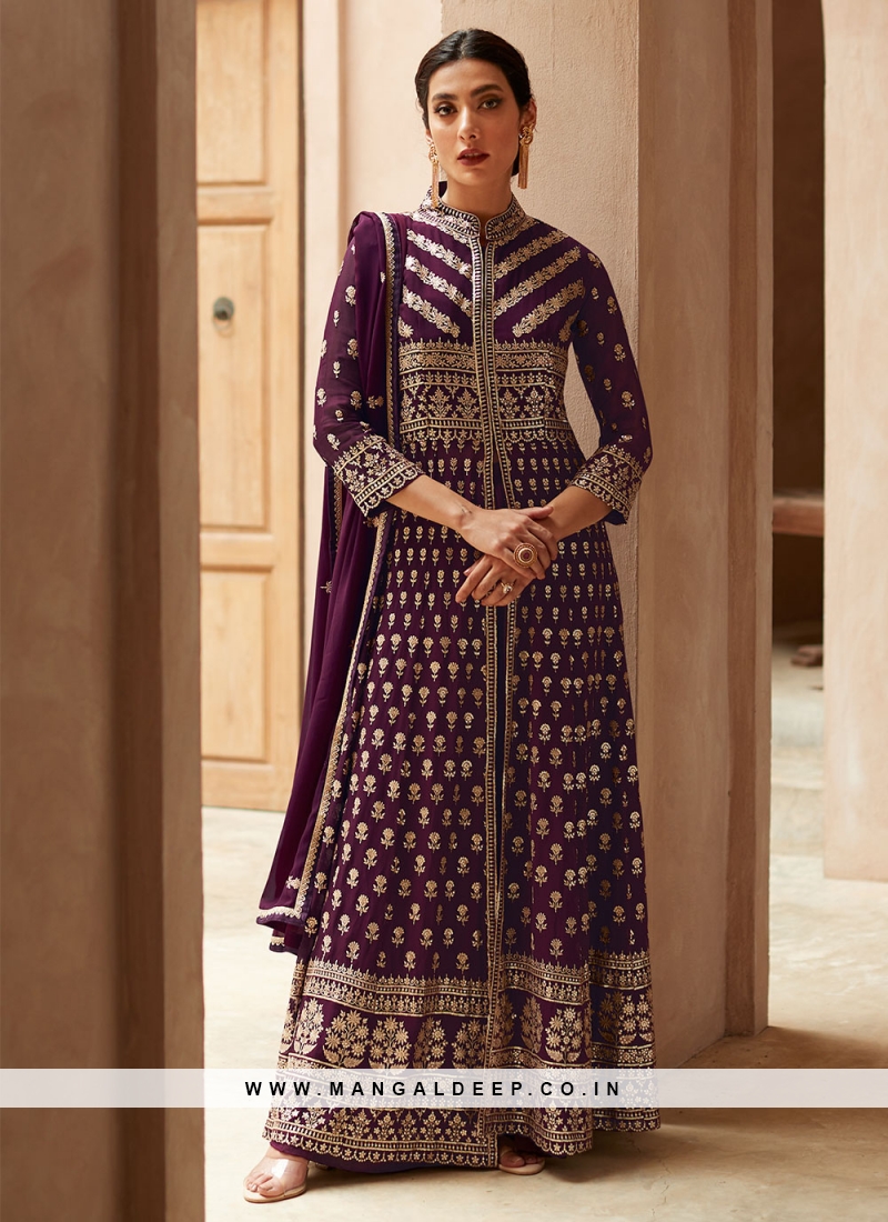 Alluring Georgette Purple Resham Readymade Salwar Suit