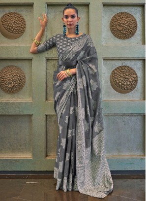 Alluring Grey Chikankari Work Contemporary Style Saree