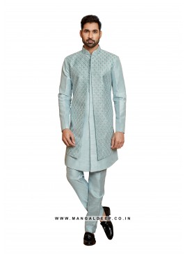 Alluring Art Silk Men's Kurta Pyjama With Long Jacket