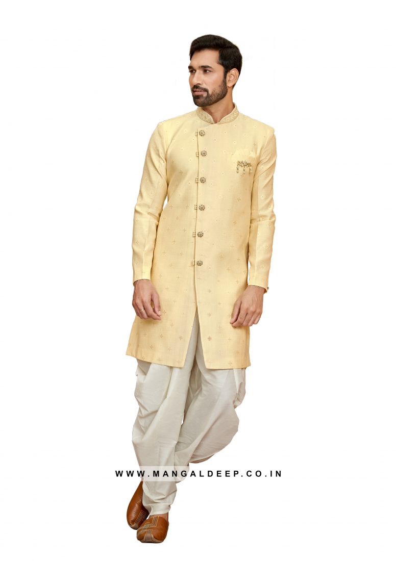 Readymade White Thread Embroidered Silk Sherwani With Dhoti 790MW21