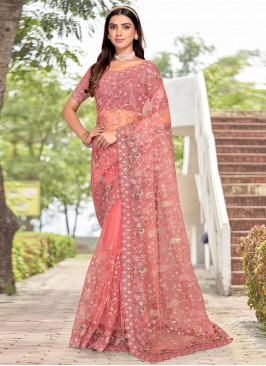 Alluring Peach Embroidered Net Contemporary Saree