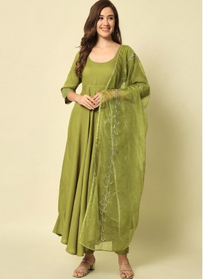 Alluring Rayon Plain Green Trendy Salwar Kameez