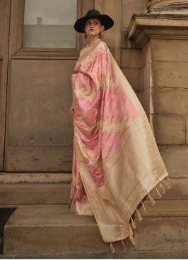 Alluring Satin Silk Weaving Cream and Pink Contemporary Saree