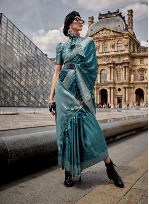 Alluring Weaving Teal Handloom silk Contemporary Style Saree