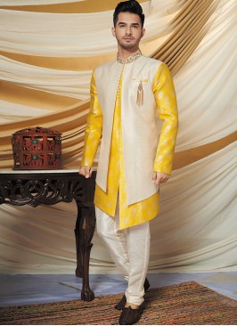 Alluring Yellow Party Wear Indo western set