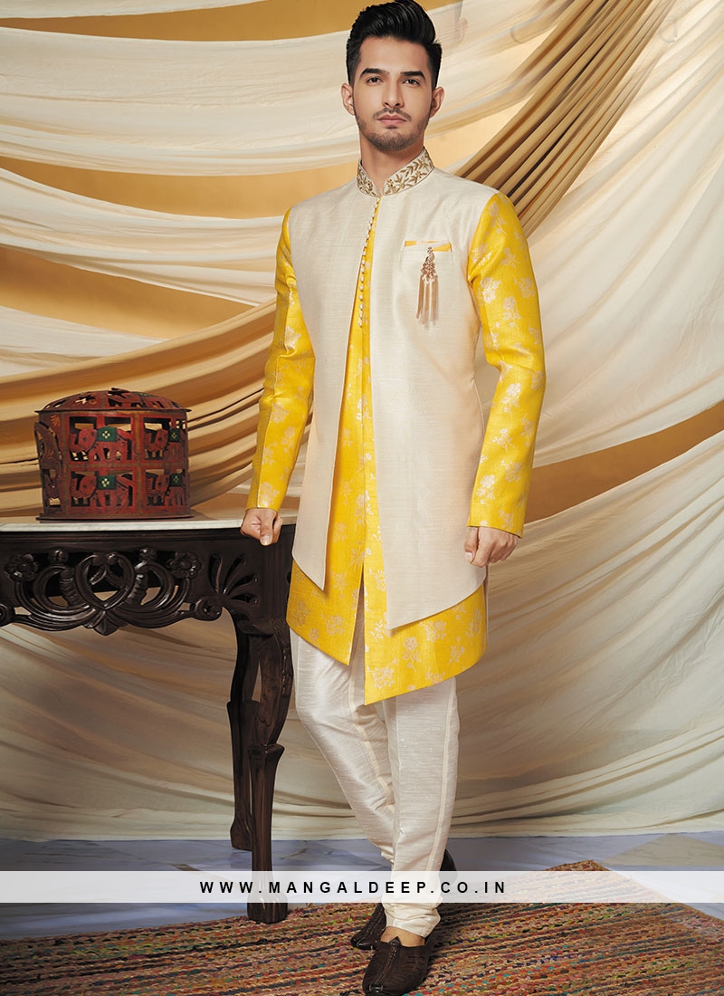 Yellow Jacquard Silk Indo Western Suit 237764