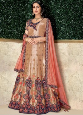 Amazing Embroidered Art Silk Beige Lehenga Choli