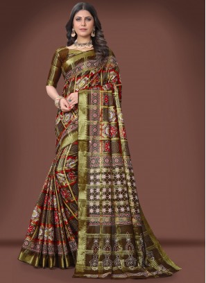 Amazing Brown Ajrakh Printed Cotton Silk Festive Wear Saree