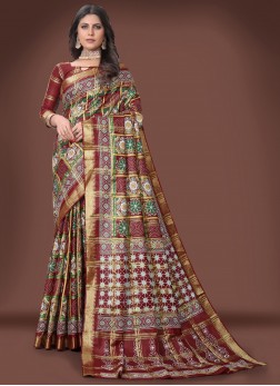 Amazing Multi Color Ajrakh Printed Cotton Silk Fes