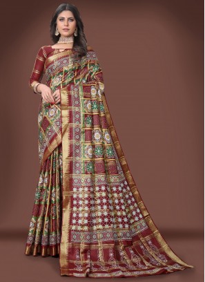 Amazing Multi Color Ajrakh Printed Cotton Silk Festive Wear Saree
