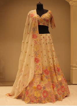 Amazing Off-White Resham Work Organza Festive Wear Lehenga Choli