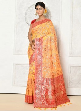Amazing Orange Cotton Trendy Saree