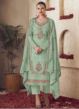 Amazing Organza Green Embroidered Straight Suit