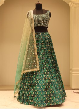 Amazing Peacock Green Resham Work Organza Festive Wear Lehenga Choli