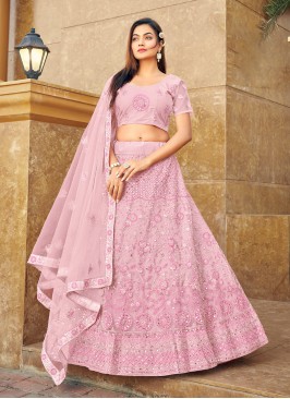 Amazing Rose Pink Resham Net A Line Lehenga Choli