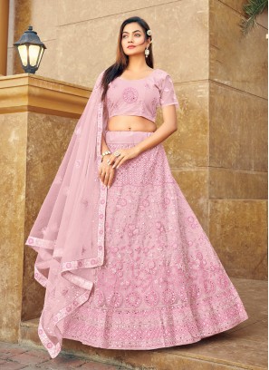 Amazing Rose Pink Resham Net A Line Lehenga Choli