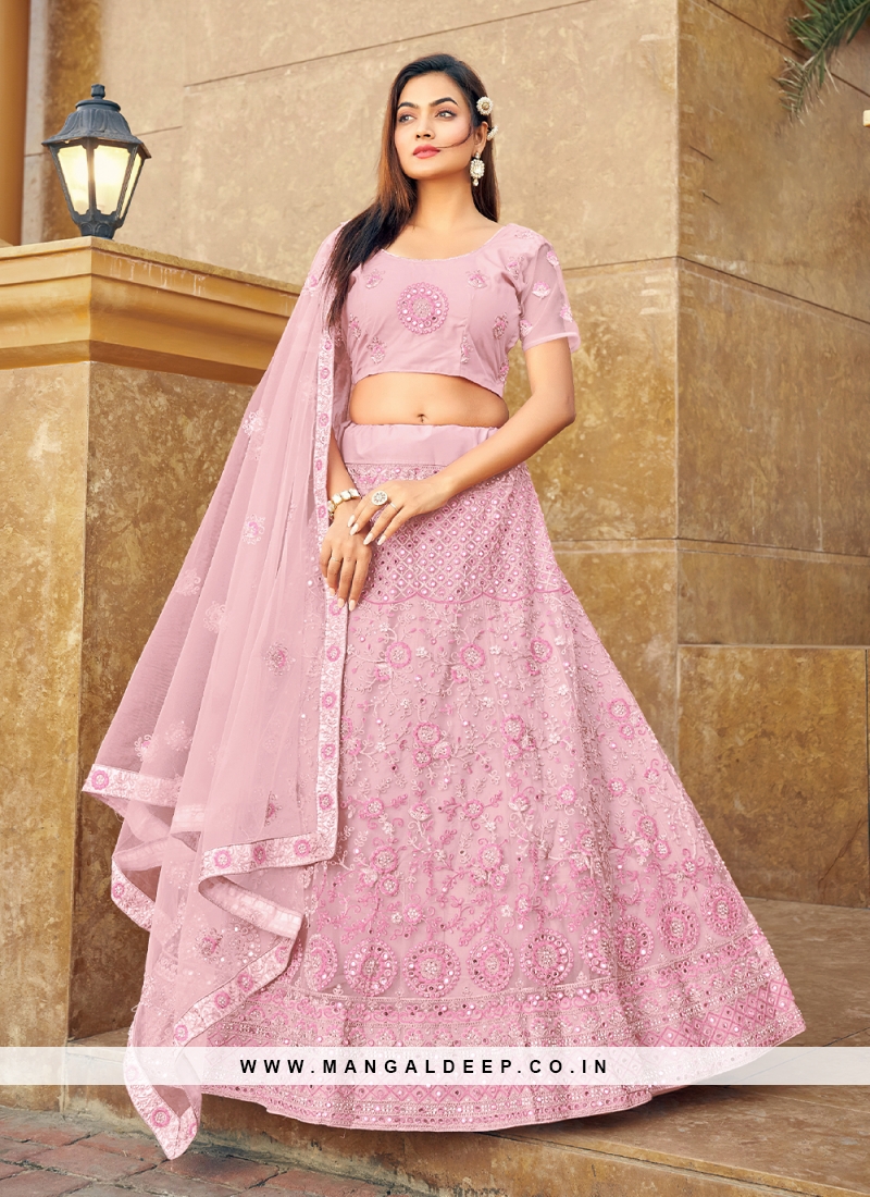 Amazing Rose Pink Resham Net A Line Lehenga Choli