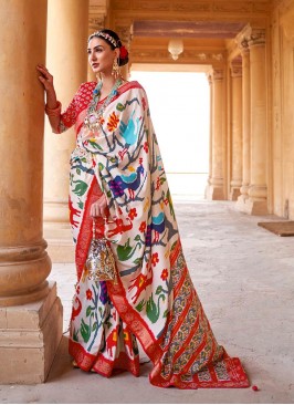 Amazing White Color Patola Silk Saree