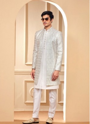 Amazing White Terry Rayon Indowestern Suit