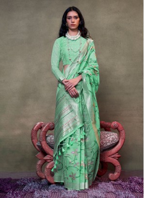 Amusing Cotton Woven Sea Green Trendy Saree