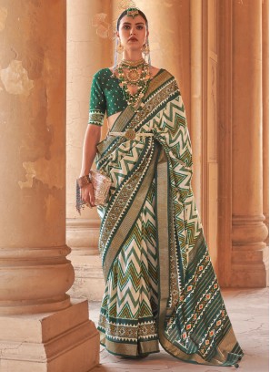 Amusing Patola Print Green Silk Trendy Saree