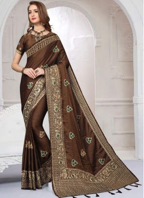 Amusing Satin Silk Brown Classic Saree