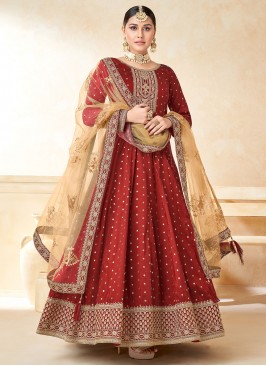 Anarkali Salwar Kameez Embroidered Tafeta Silk in Red
