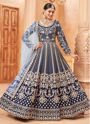 Anarkali Salwar Kameez Resham Art Silk in Blue