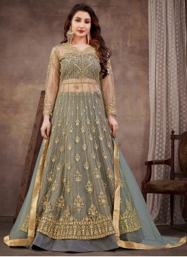 Anarkali Salwar Suit Handwork Net in Grey