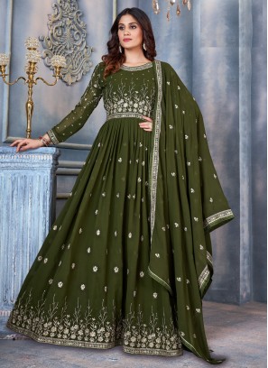 Anarkali Salwar Suit Sequins Faux Georgette in Green