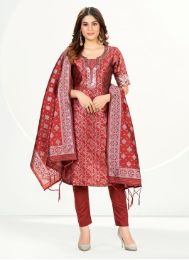 Angelic Banarasi Silk Rust Straight Salwar Kameez