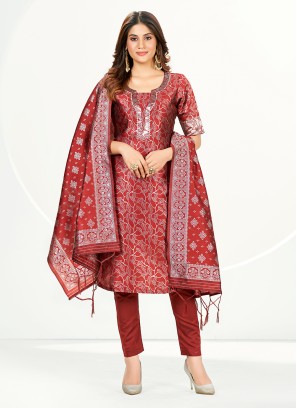 Angelic Banarasi Silk Rust Straight Salwar Kameez