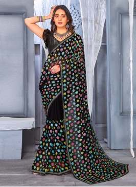 Angelic Black Embroidered Georgette Trendy Saree