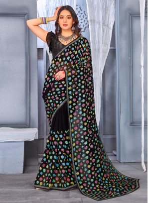 Angelic Black Embroidered Georgette Trendy Saree