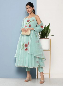 Angelic Organza Aqua Blue Floral Print Designer Salwar Kameez