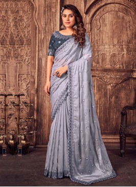 Angelic Satin Silk Grey Sequins Saree