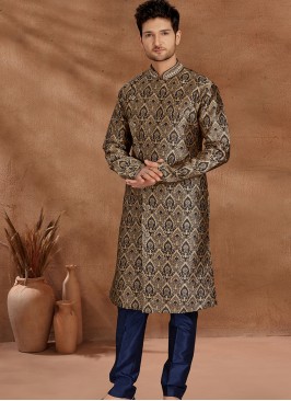 Antique Blue and Chikoo Set with Jaqard Top and Art Silk Trousers Semi Sherwani.